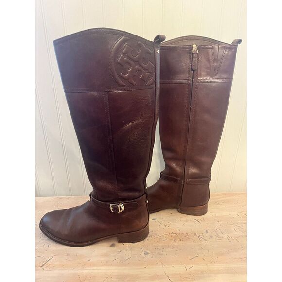 Tory Burch Leather Marlene Riding Boots Tall Logo Brown Inner Zip Size 9.5 - Picture 1 of 12